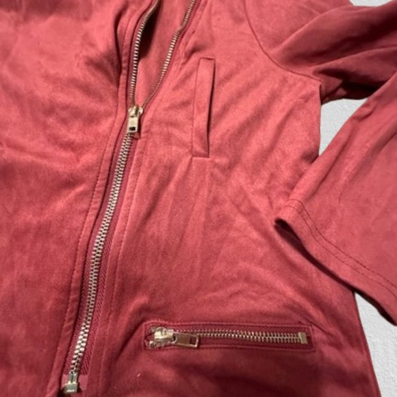 Burgundy Faux Suede drape front Moto Jacket - Picture 6 of 11